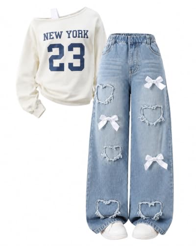 Afsmlys Piger Tøjsæt 2 Dele Off-Shoulder Top Jeans 009