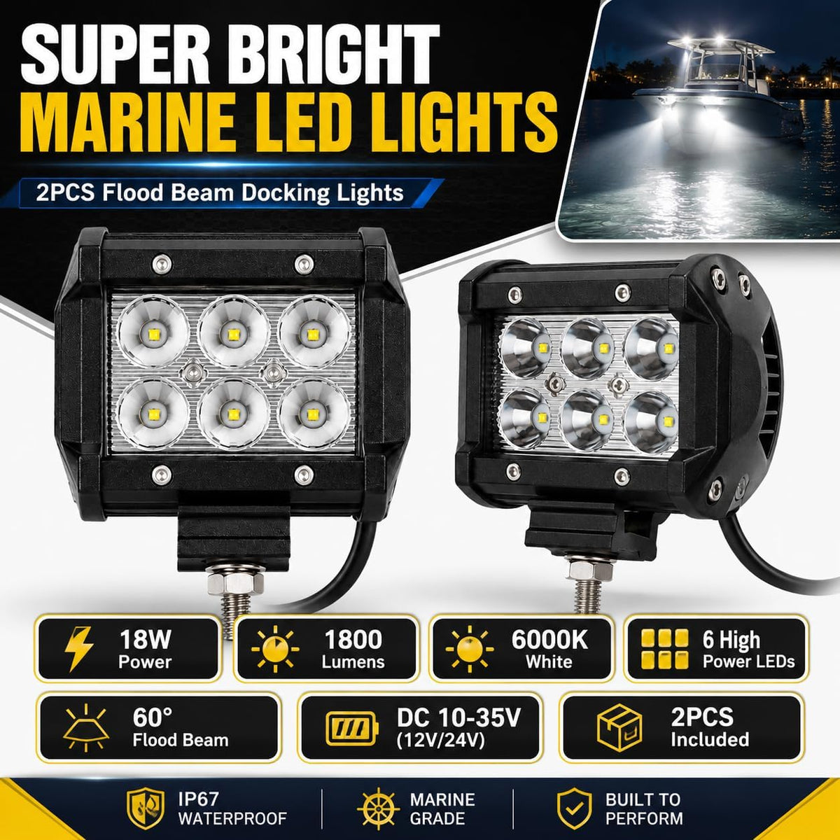 Shangyuan Marine LED Bådprojektører 12V-24V 2 Stk. 18W