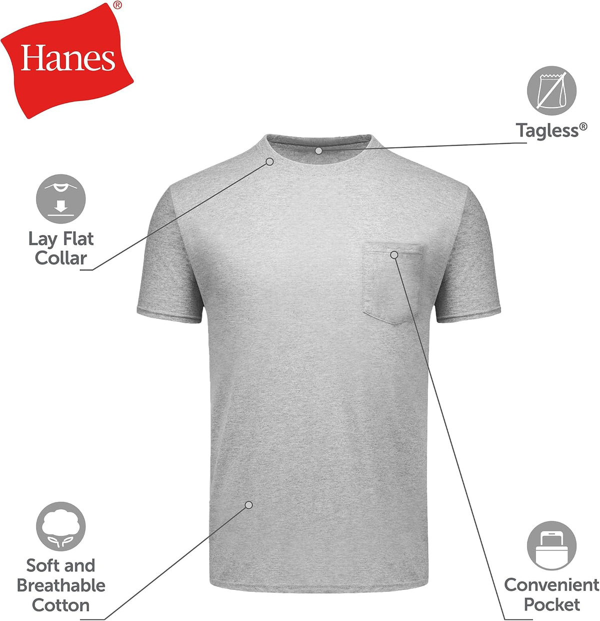 Hanes Herre T-shirt Lomme Bomuld Rund Hals 6-Pak 2135