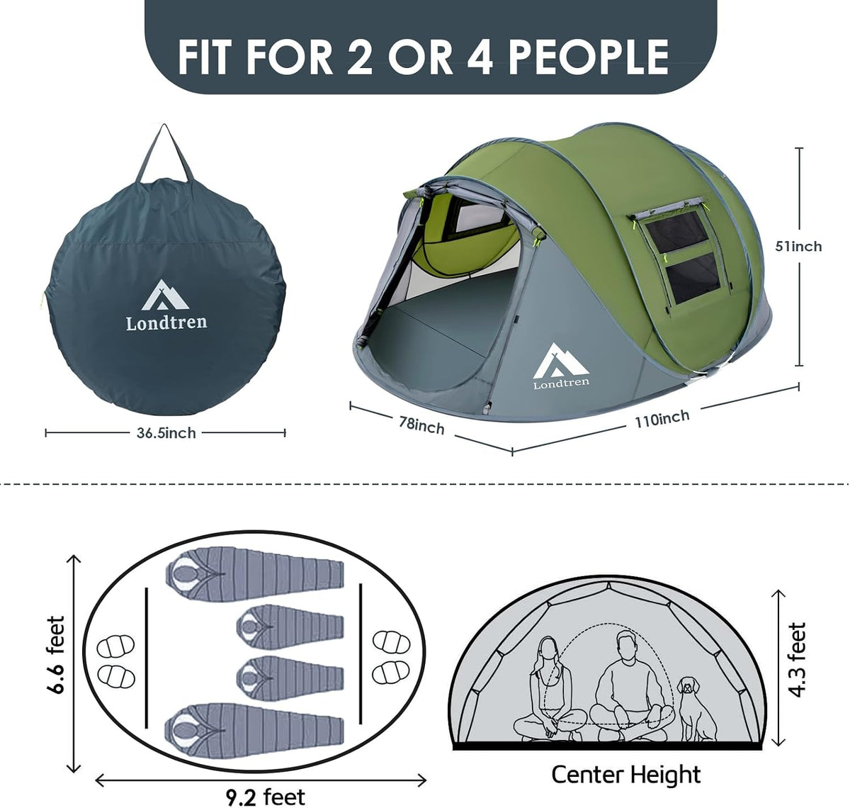 Londtren Pop-up Camping Telt 4 Personer GETIEN-Y-0307-41