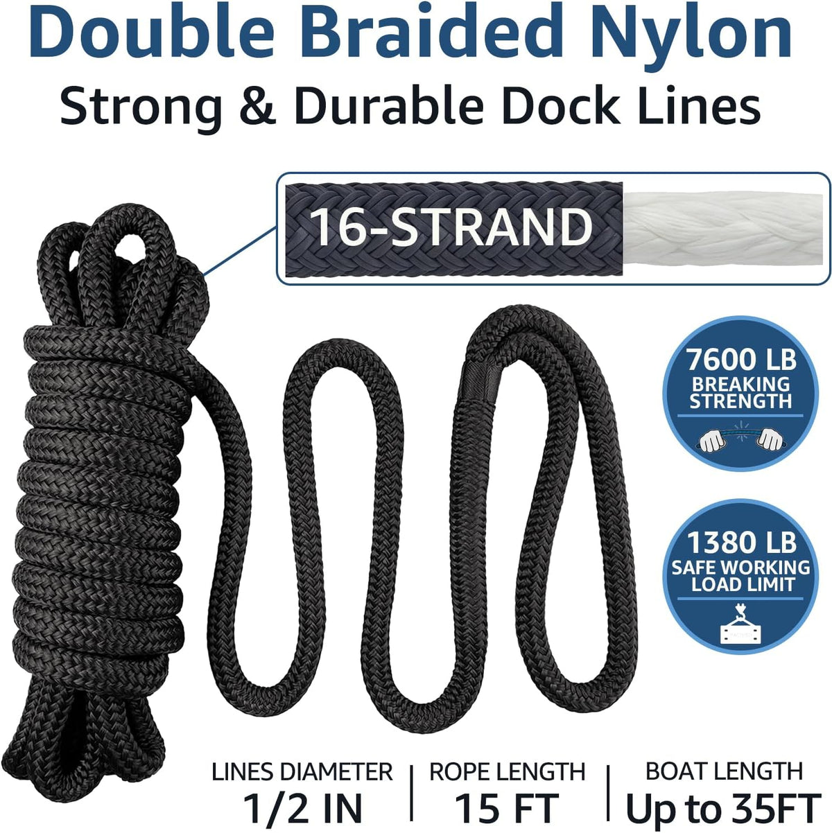 PACTHSD Dobbeltflettet Nylon Fortøjningsreb DLP1215BK04