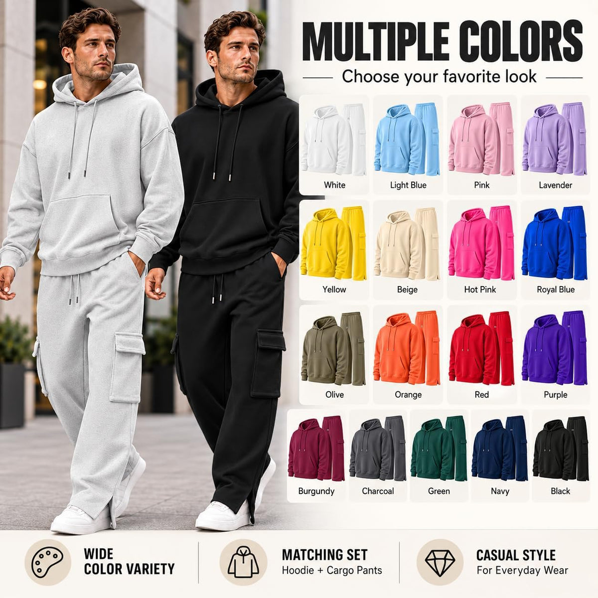 Herre Træningssæt Pullover Hættetrøje Cargo Sweatpants 2-Delt