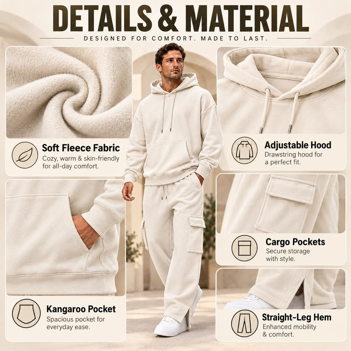 Herre Træningssæt Pullover Hættetrøje Cargo Sweatpants 2-Delt