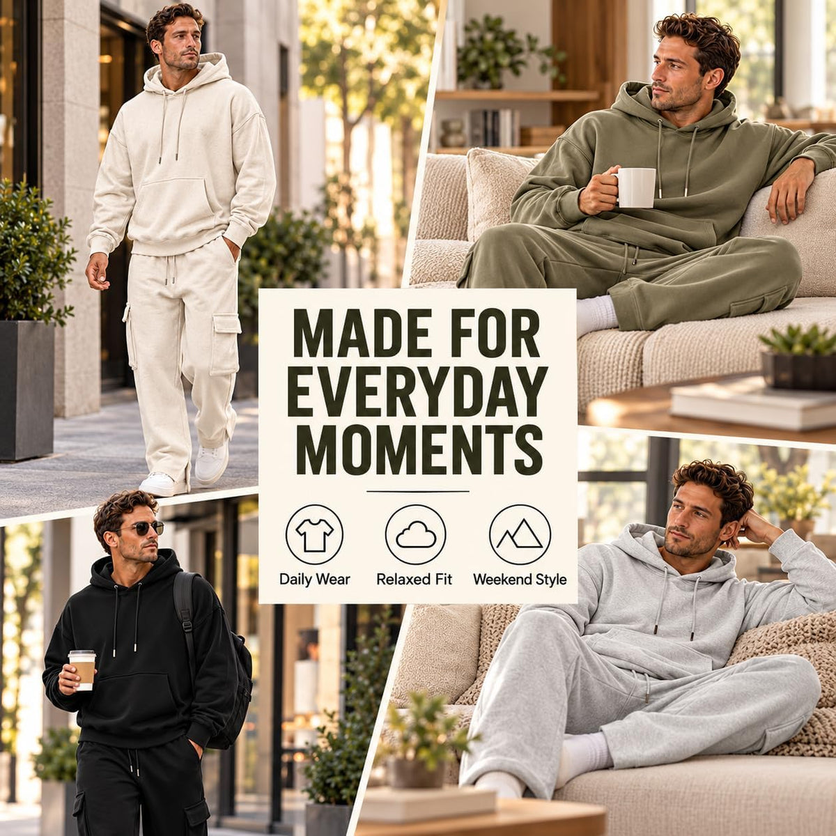 Herre Træningssæt Pullover Hættetrøje Cargo Sweatpants 2-Delt