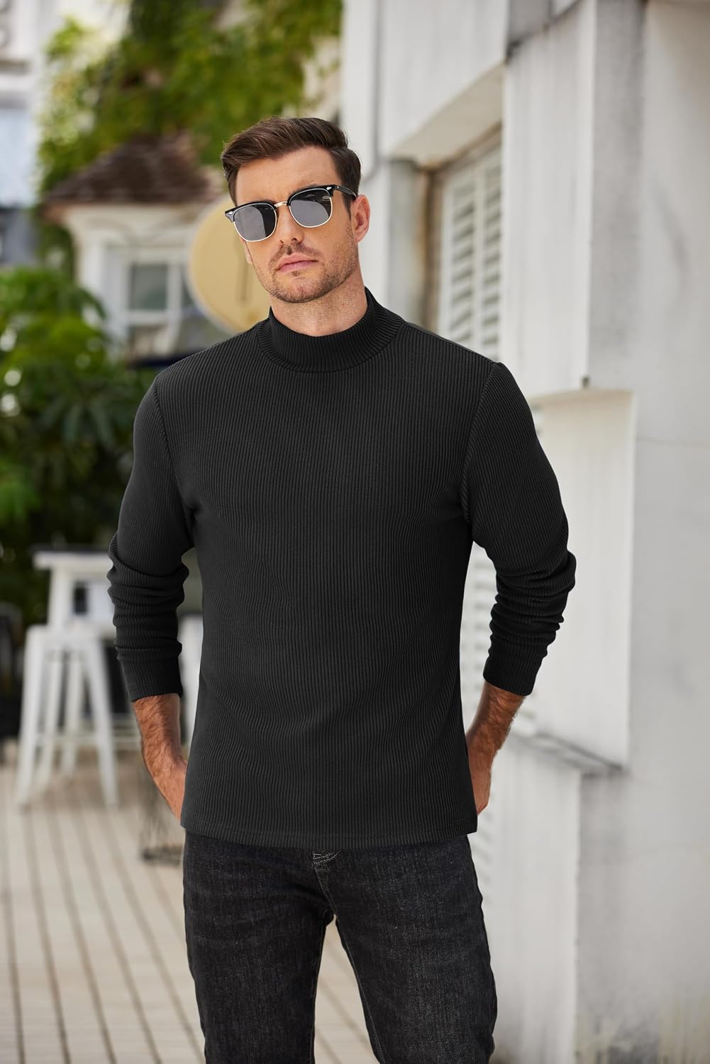 COOFANDY Herre Striktrøje Mock Neck Ribstrikket Pullover