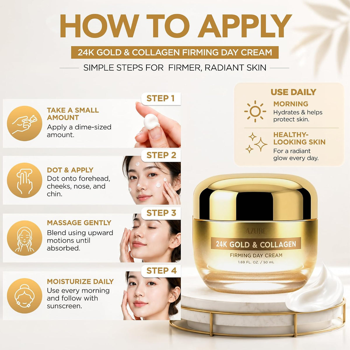 Azure Cosmetics 24K Gold & Collagen Face Moisturizer Fugtighedscreme 50ml