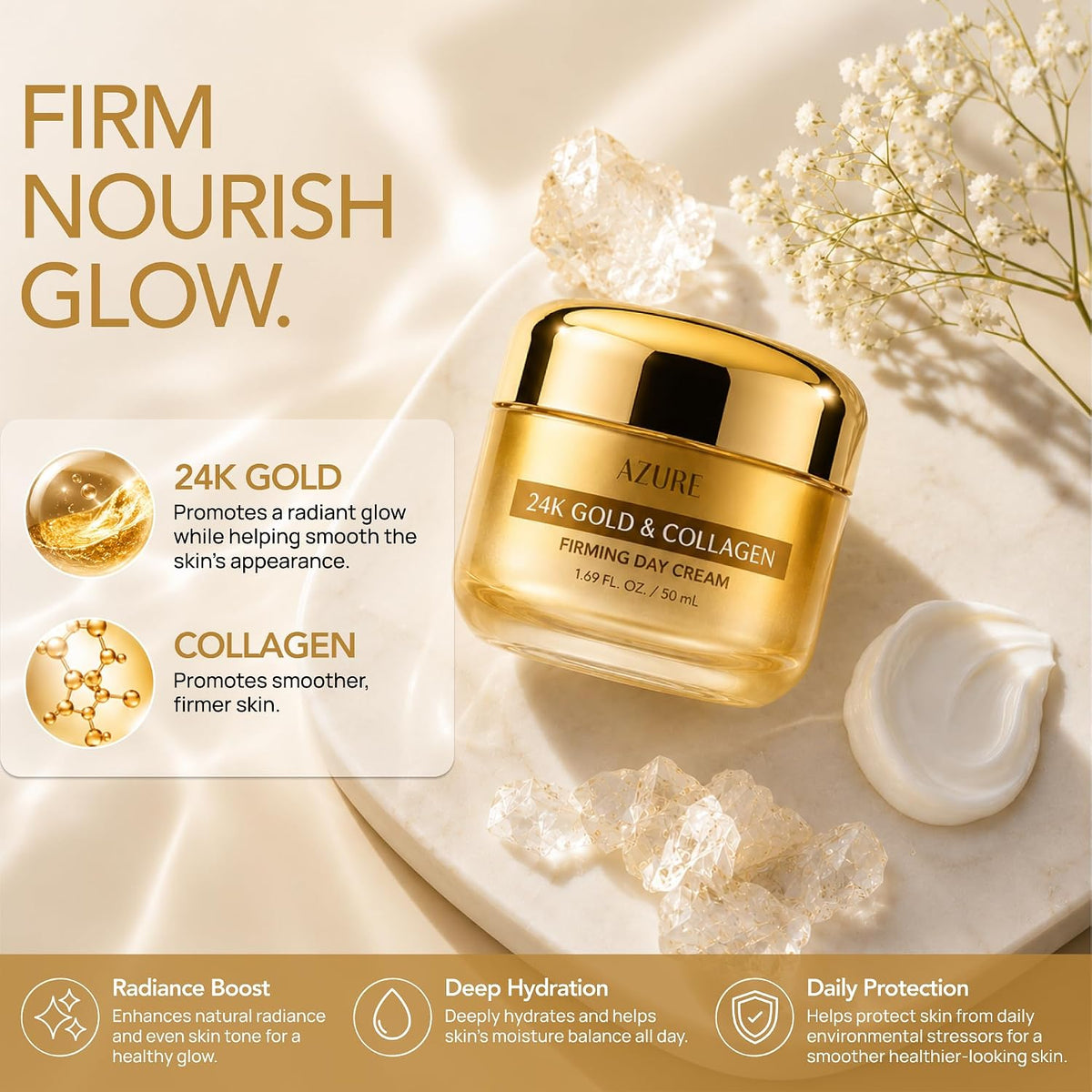 Azure Cosmetics 24K Gold & Collagen Face Moisturizer Fugtighedscreme 50ml