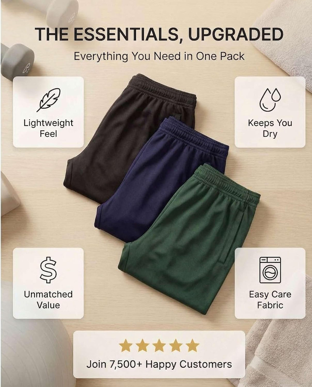 Real Essentials Herre Træningsbukser Mesh Åben Bund 3-Pak