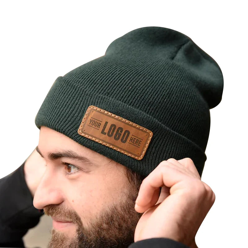 Klassisk Strikket Beanie Hue med Lædermærke Unisex