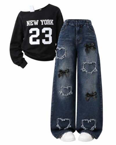 Afsmlys Piger Tøjsæt 2 Dele Off-Shoulder Top Jeans 009