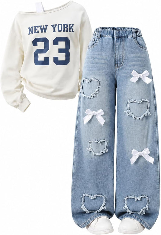 Afsmlys Piger Tøjsæt 2 Dele Off-Shoulder Top Jeans 009
