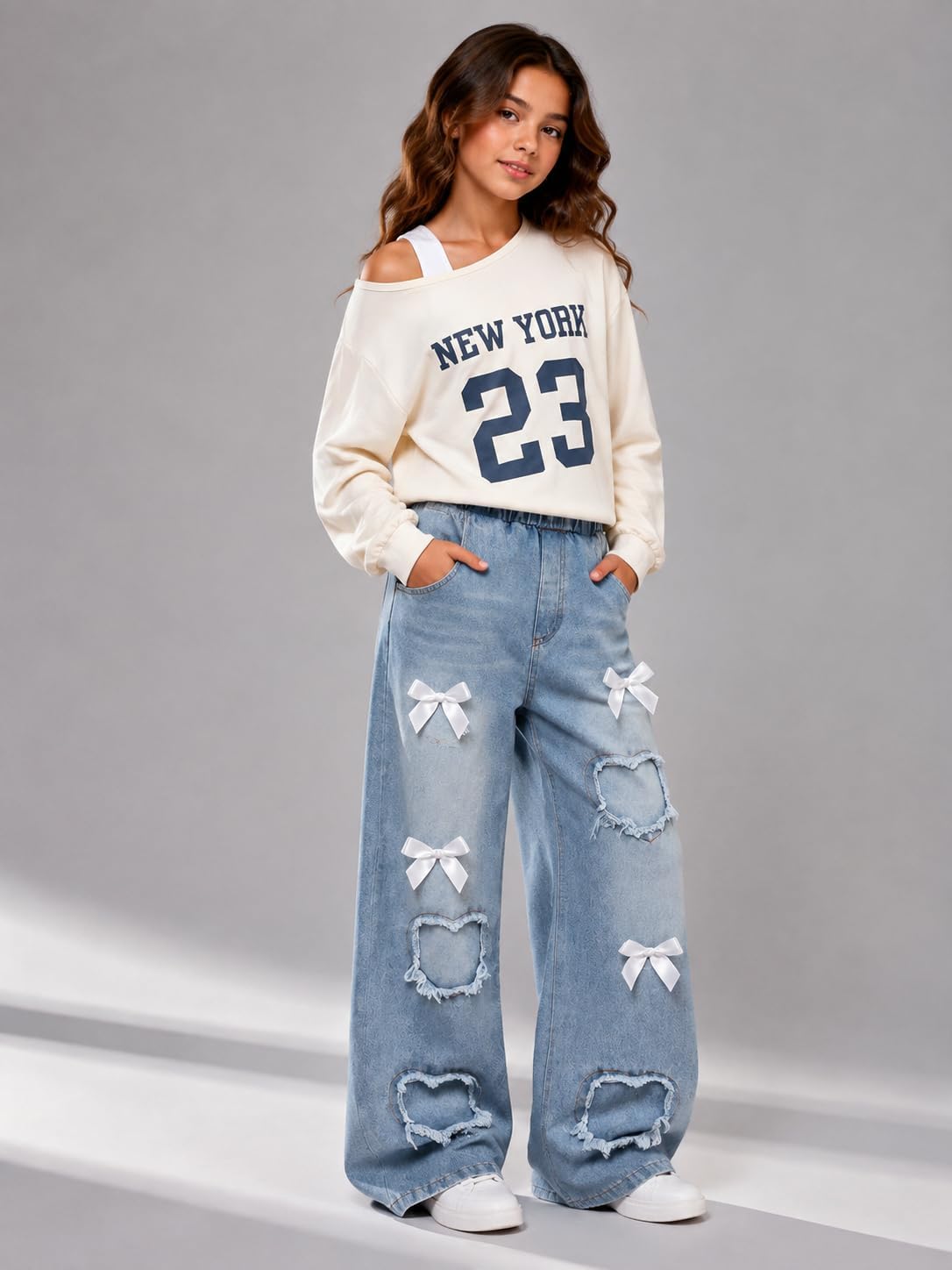 Afsmlys Piger Tøjsæt 2 Dele Off-Shoulder Top Jeans 009