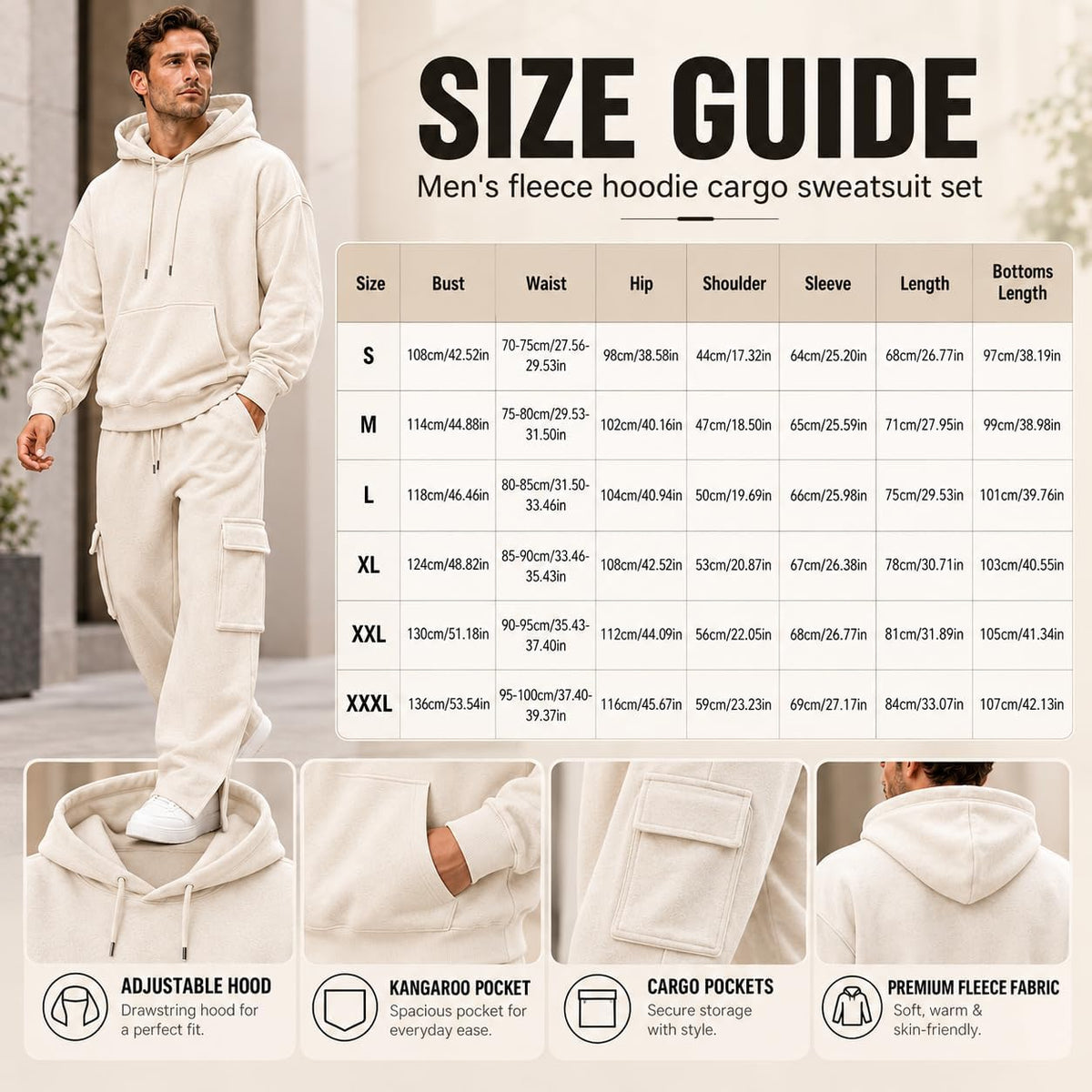 Herre Træningssæt Pullover Hættetrøje Cargo Sweatpants 2-Delt