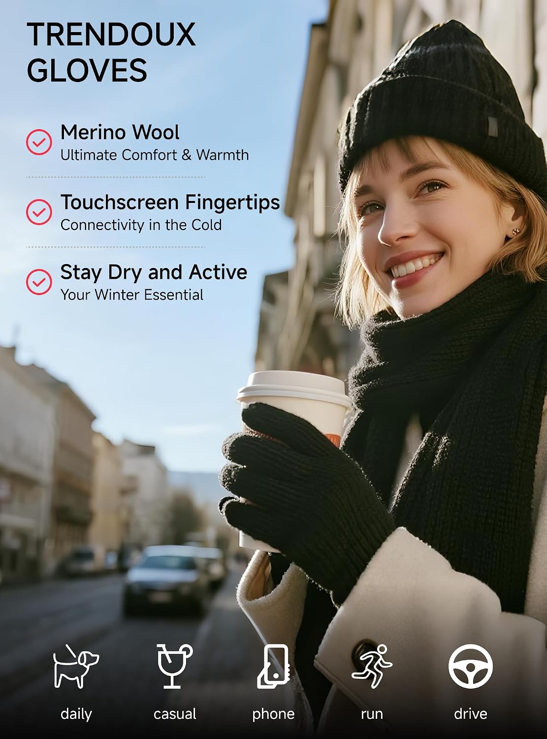 TRENDOUX Unisex Handsker Vinter Merinould Touchscreen