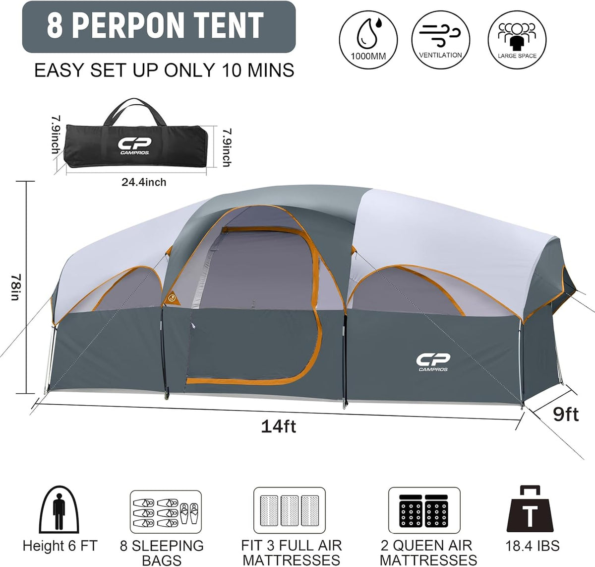 CAMPROS CP Camping Telt 8 Personer CP-140972
