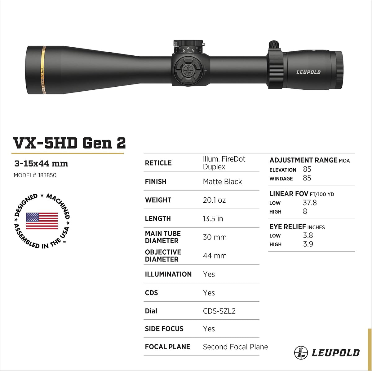 Leupold Kikkertsigte VX-5HD Gen 2 3-15x44mm 30mm 183850