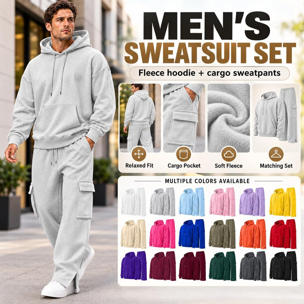 Herre Træningssæt Pullover Hættetrøje Cargo Sweatpants 2-Delt
