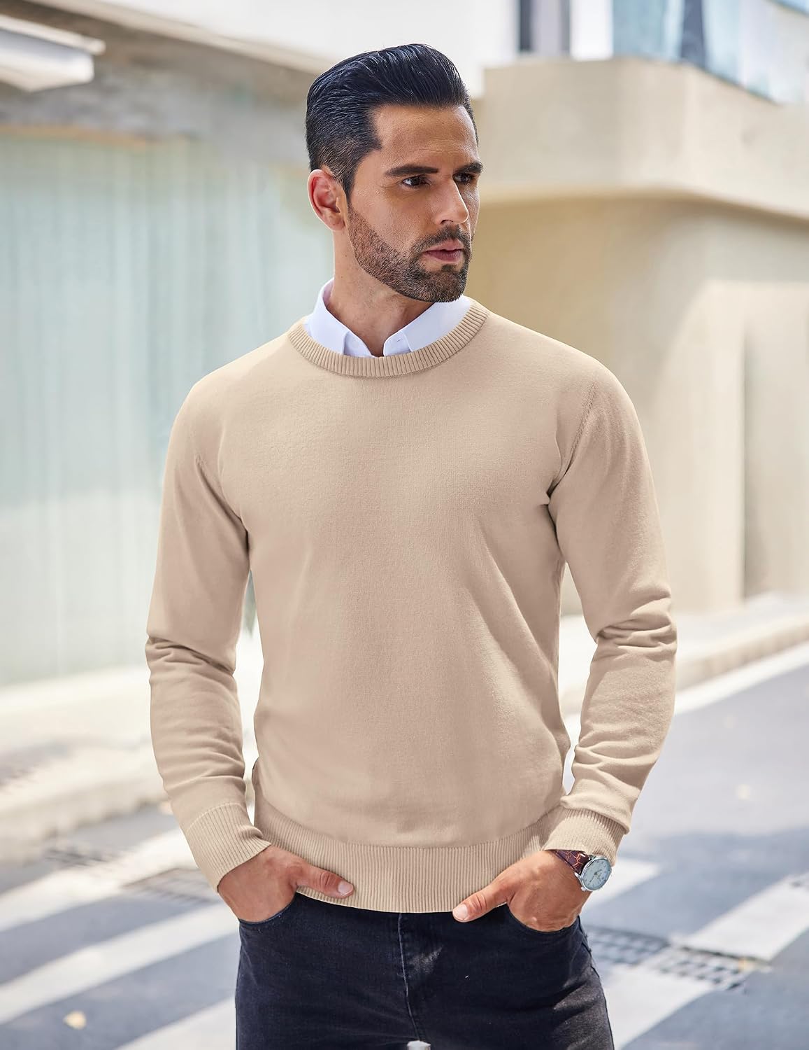 COOFANDY Herre Striktrøje Crew Neck Langærmet Slim Fit