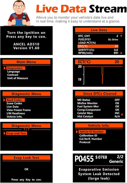 ANCEL AD310 OBD2 Fejlkodelæser Scanner Værktøj Sort