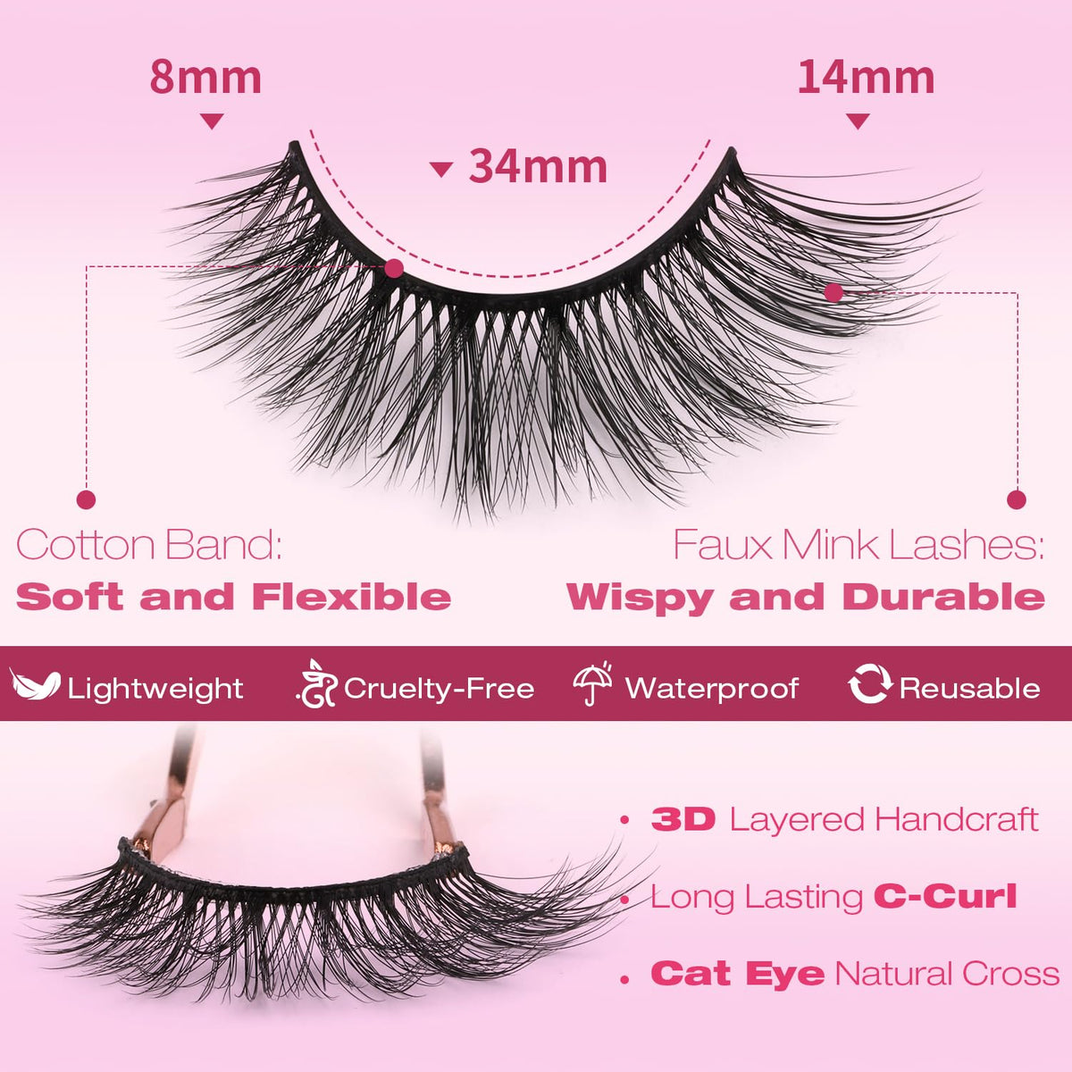 Kiromiro Wispy Faux Mink Kunstige Øjenvipper til Kvinder 14mm 14 Par