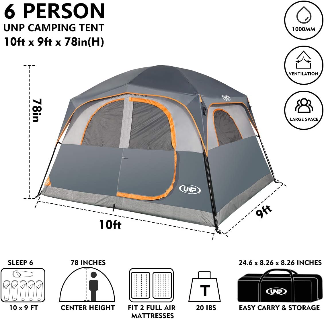 UNP Camping Telt 6 Personer UNP-100978-GY
