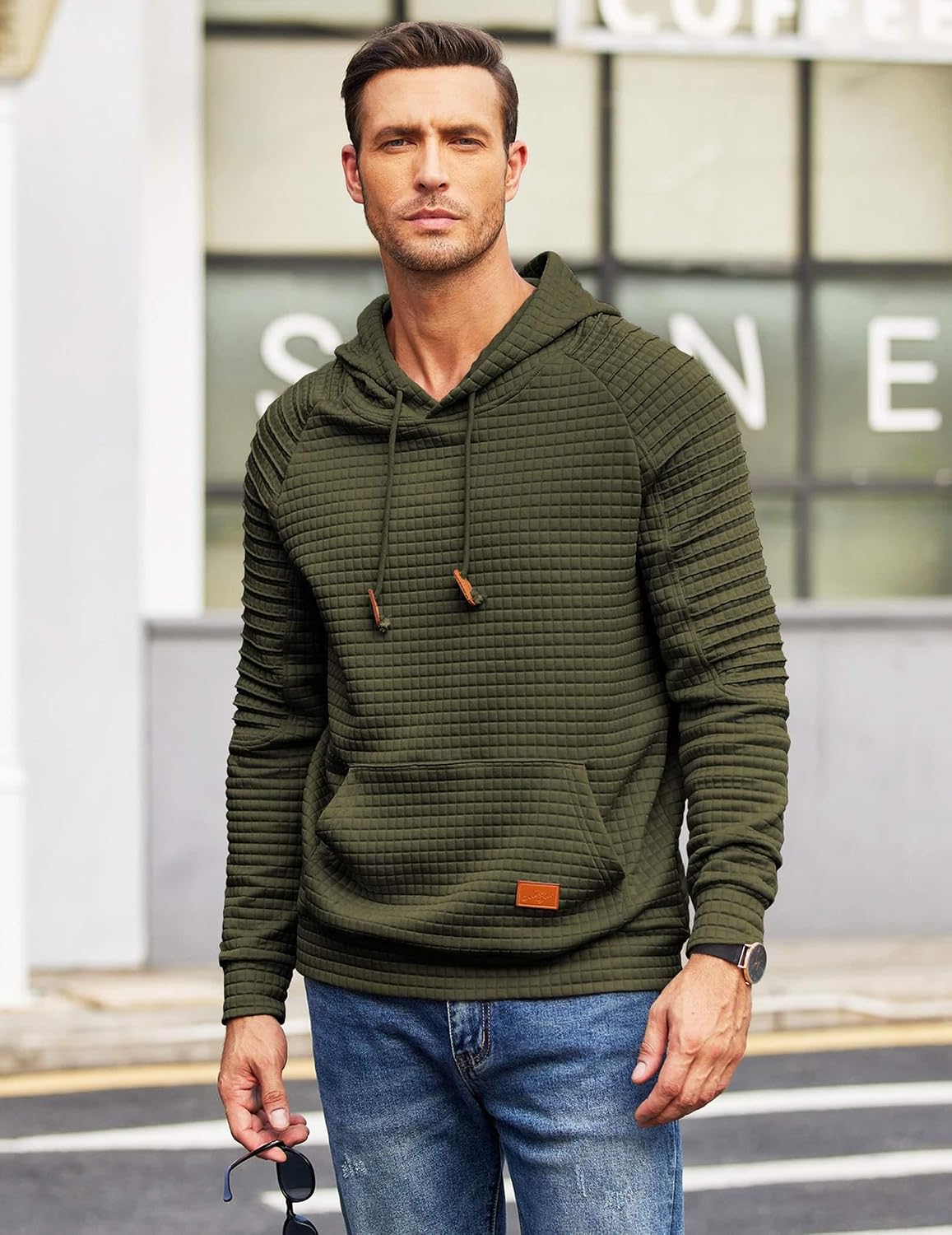 COOFANDY Herre Hættetrøje Pullover Vaffelstrik Casual