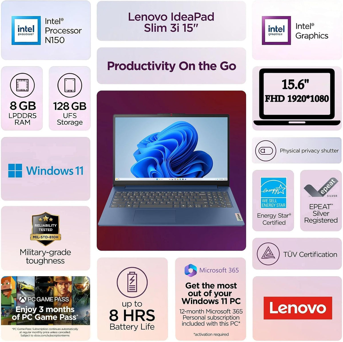Lenovo IdeaPad Slim 3 15.6" Bærbar Computer Intel N150