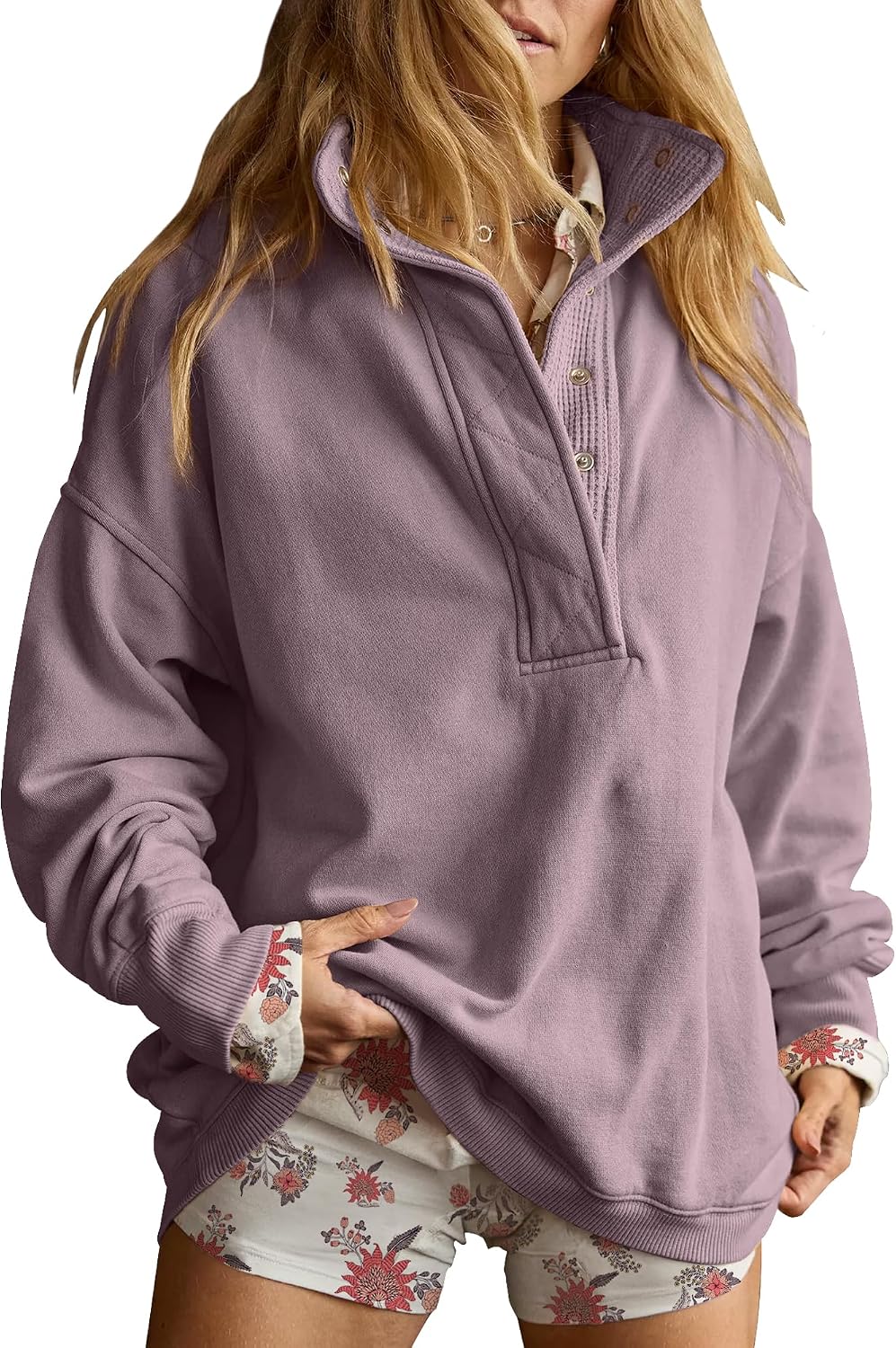 Oversized Henley Pullover Sweatshirt til Kvinder GA-0521