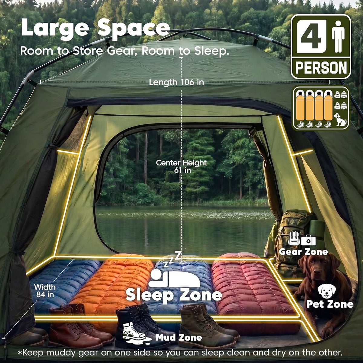 Purebox Camping Telt 4 Personer QBT00082US