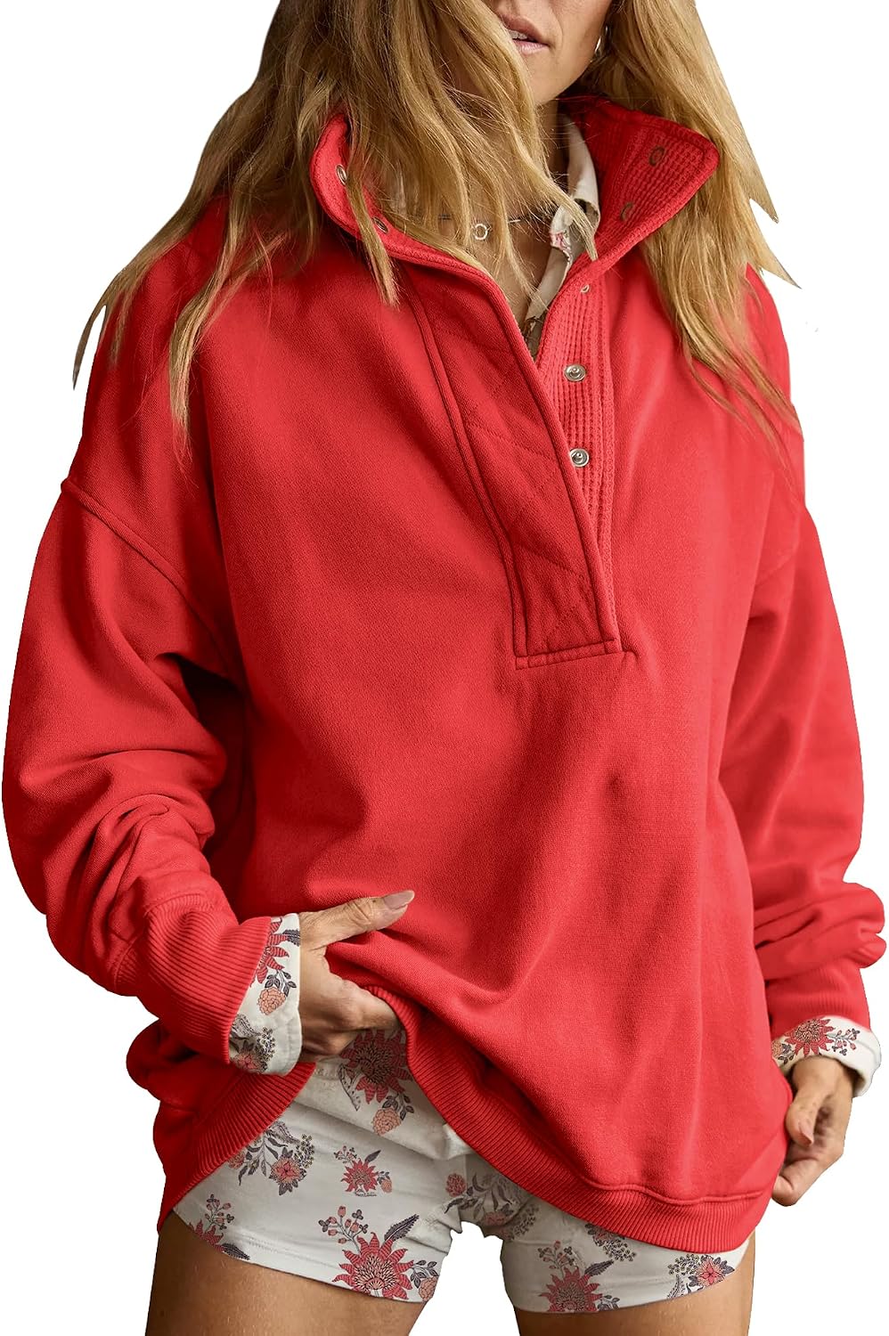 Oversized Henley Pullover Sweatshirt til Kvinder GA-0521