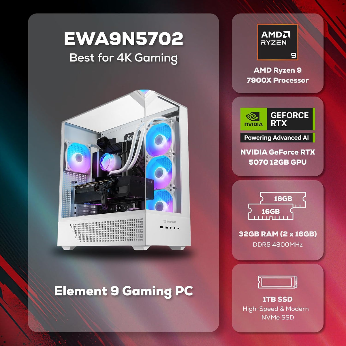 iBUYPOWER Element Gaming PC Ryzen 9 7900X RTX 5070 EWA9N5702