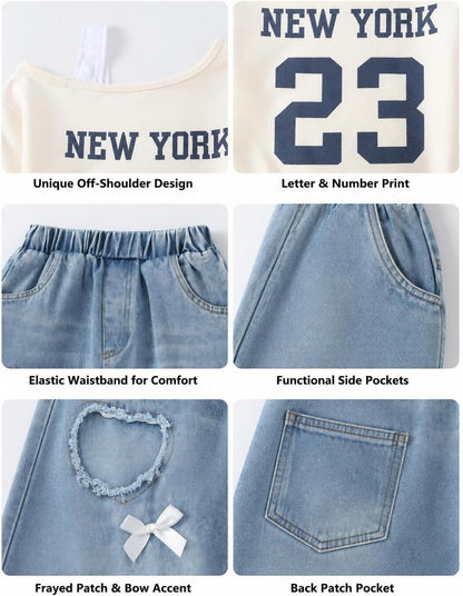 Afsmlys Piger Tøjsæt 2 Dele Off-Shoulder Top Jeans 009