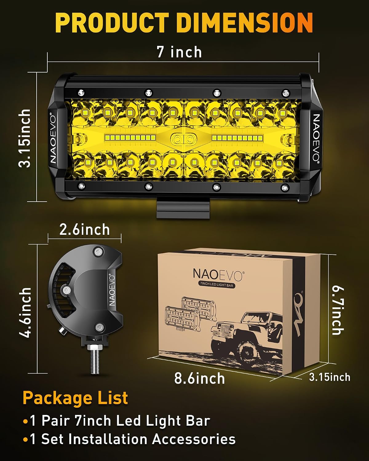 NAOEVO Gul LED Light Bar 17.8 cm 2 Stk. 240W