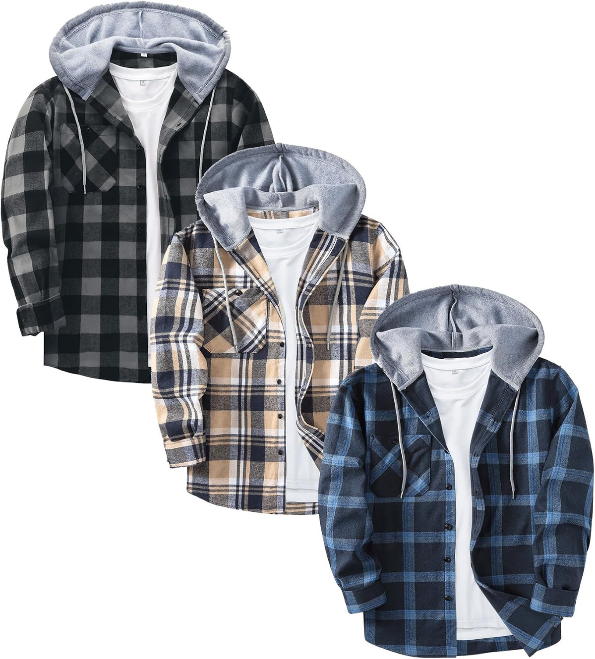 ZITY Herre Skjorte Flannel Hoodie Langærmet 3-Pak