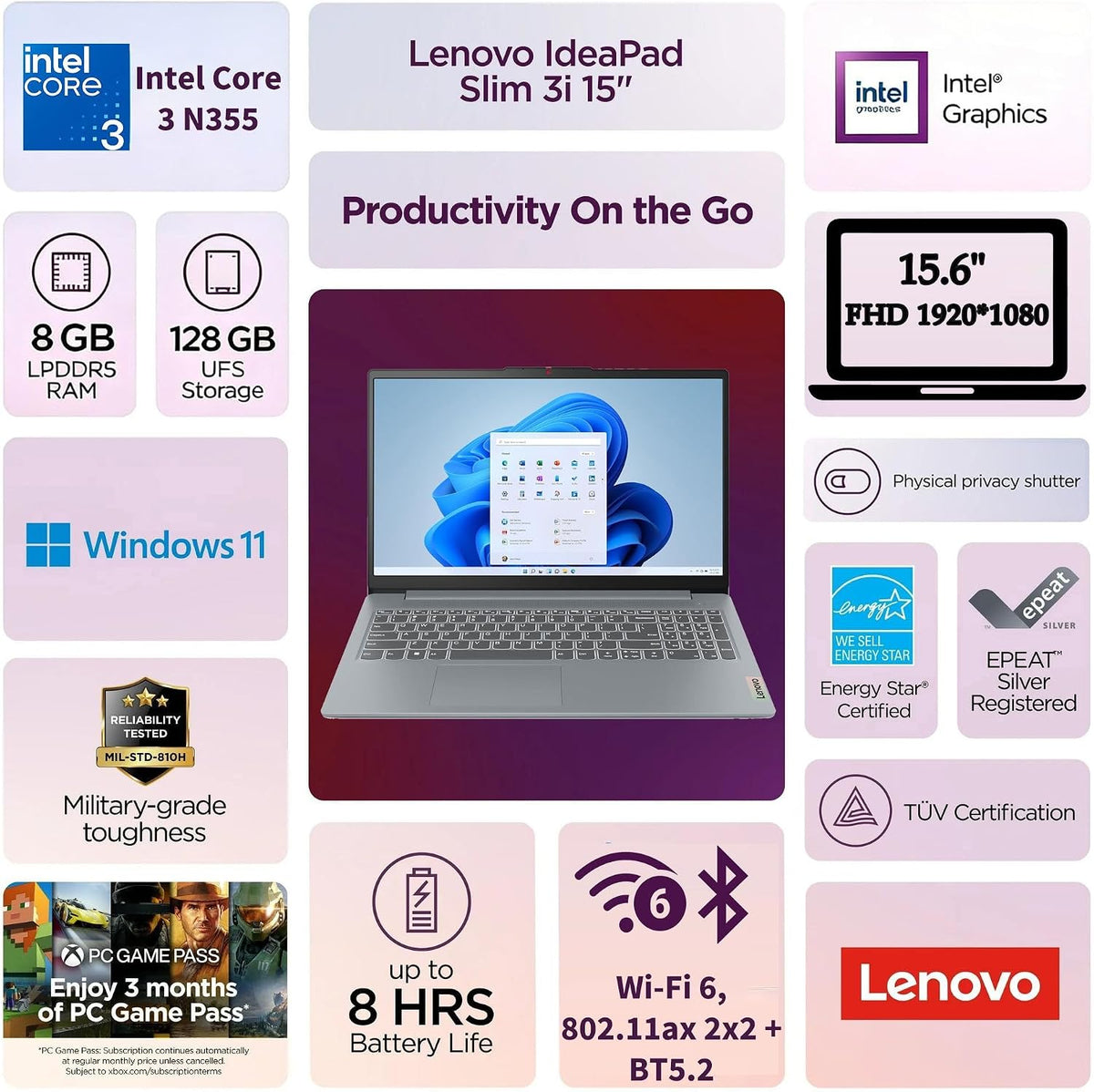 Lenovo IdeaPad Slim 3 15.6" Bærbar Computer Intel Core 3 N355