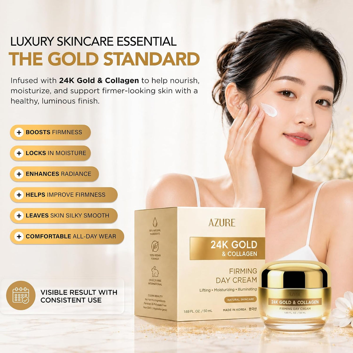 Azure Cosmetics 24K Gold & Collagen Face Moisturizer Fugtighedscreme 50ml