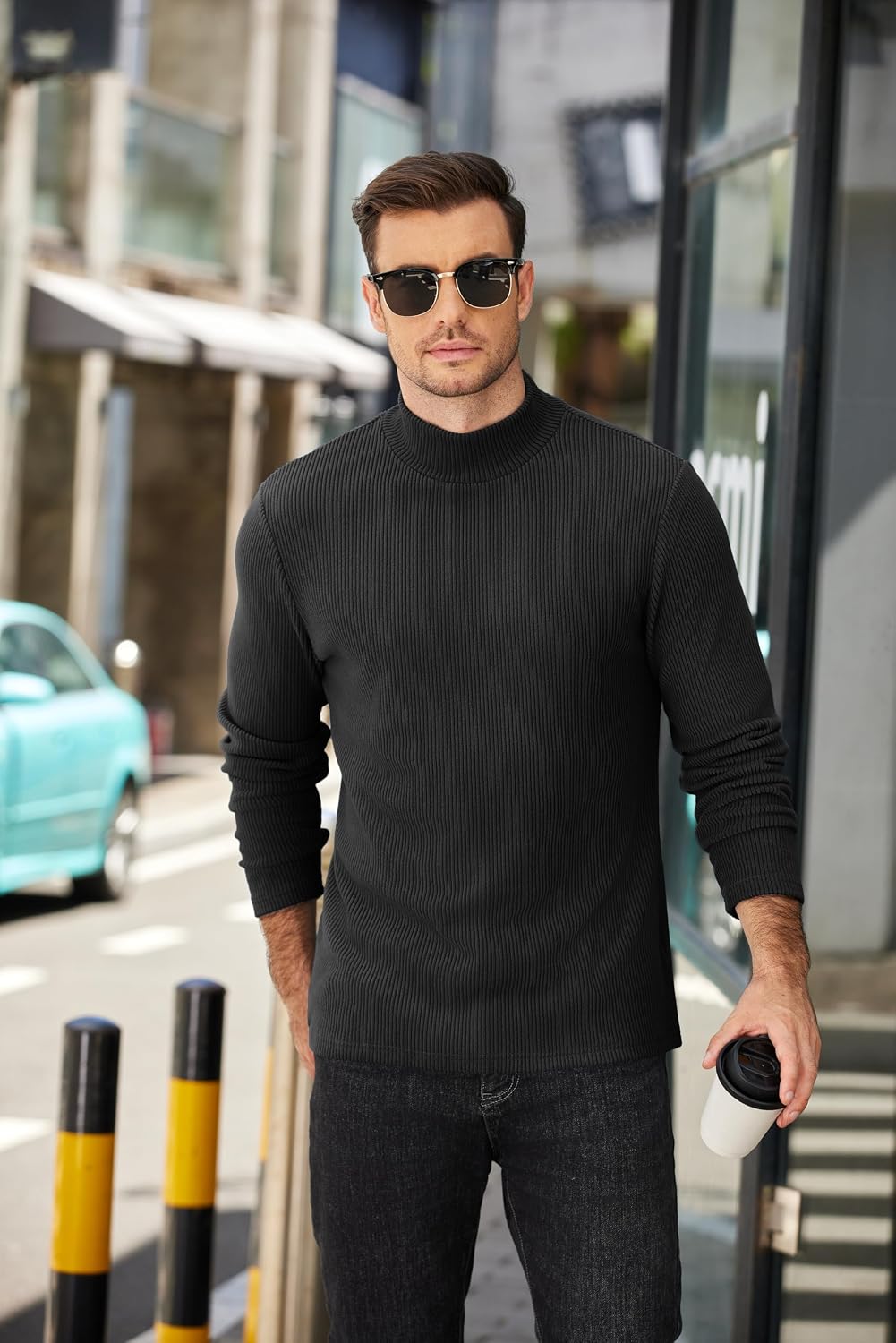 COOFANDY Herre Striktrøje Mock Neck Ribstrikket Pullover