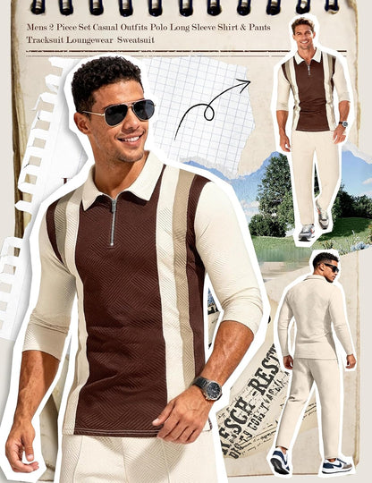 UOUA Herre Træningssæt 1/4-Zip Polo Joggingbukser M002B